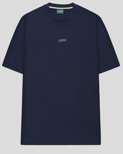 'ТЪМНОСИНЯ ОВЪРСАЙЗ ТЕНИСКА С КОНТРАСТЕН ПРИНТ И БРОДЕРИЯ ЛОГО