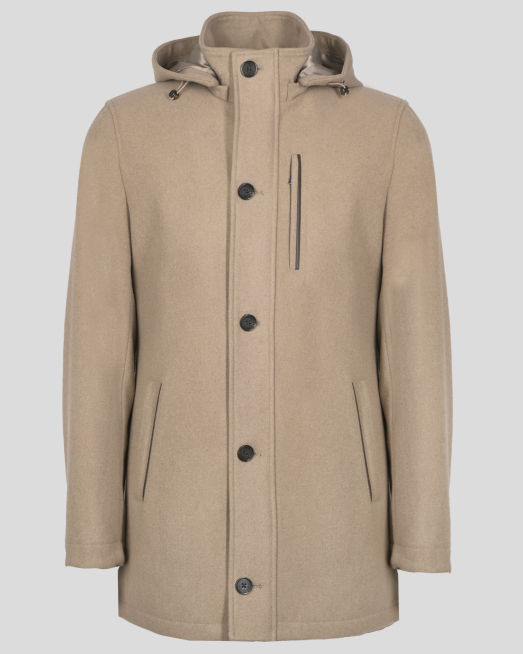 'БЕЖОВО ПАЛТО С ВИСОКО СЪДЪРЖАНИЕ НА ВЪЛНА И ПОДВИЖНА КАЧУЛКА