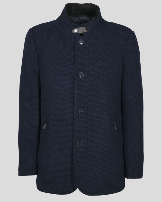 'МЕЛАНЖИРАНО ТЪМНОСИНЬО КЪСО ПАЛТО С КОЖЕН ЕЛЕМЕНТ