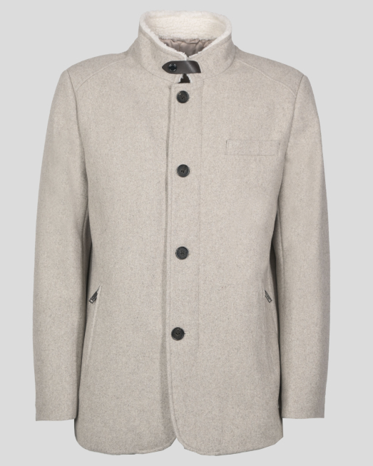 'КЪСО ВЪЛНЕНО ПАЛТО С ВИСОКА ЯКА В БЕЖОВ МЕЛАНЖ