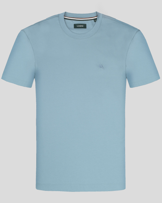 'ЛЕДЕНО СИНЯ  ПАМУЧНА ТЕНИСКА С ОБЛО ДЕКОЛТЕ И БРОДЕРИЯ ЛОГО