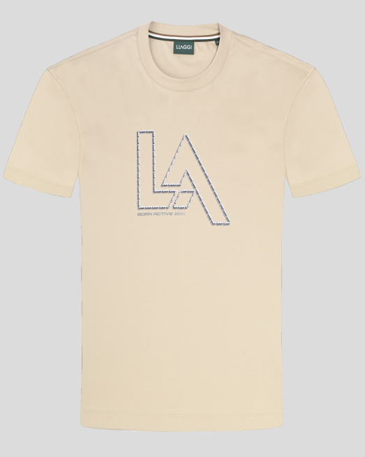 'БЕЖОВА ПАМУЧНА ТЕНИСКА С ОБЛО ДЕКОЛТЕ И ЛОГО ПРИНТ