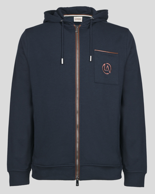 'ТЪМНОСИН СУИТШЪРТ С КАЧУЛКА И КОЖЕНИ ЕЛЕМЕНТИ