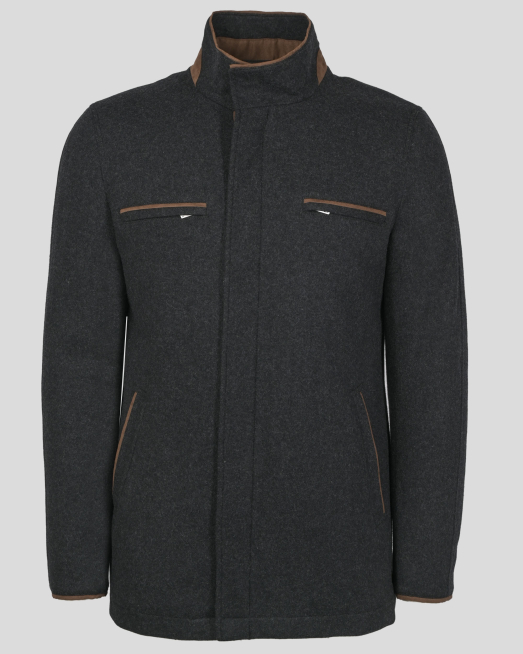 'ЧЕРНО ПАЛТО МЕЛАНЖ С ВИСОКО СЪДЪРЖАНИЕ НА ВЪЛНА И ЛОГО ЕМБЛЕМА 