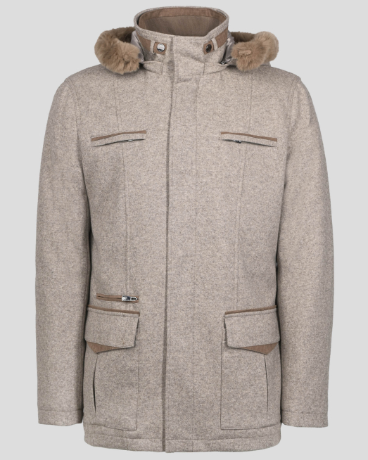 'БЕЖОВО ПАЛТО МЕЛАНЖ С КАЧУЛКА ОТ ЕСТЕСТВЕН ЗАЕШКИ ПУХ 