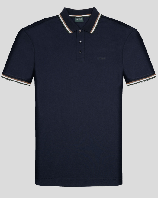 'ТЪМНОСИНЯ ТЕНИСКА С КОНТРАСТНА ПОЛО ЯКА И ЕЛАСТАН