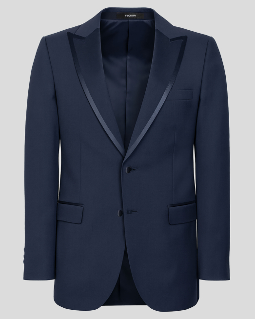 'ТЪМНОСИНЬО ЦЕРЕМОНИАЛНО САКО МЕЛАНЖ С ОБАЗОВАН РЕВЕР /ЧАСТ ОТ КОСТЮМ/