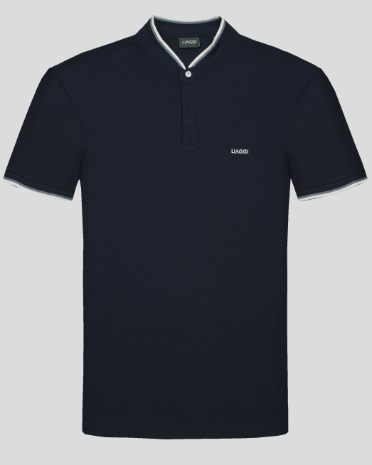 'ТЪМНОСИНЯ ТЕНИСКА С ПОПСКА ЯКА И КОНТРАСТНА ГАРНИТУРА