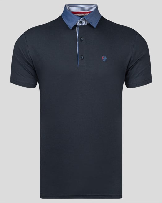 'ТЪМНО СИНЯ ТЕНИСКА С ЯКА ОТ PREMIUM ПАМУК