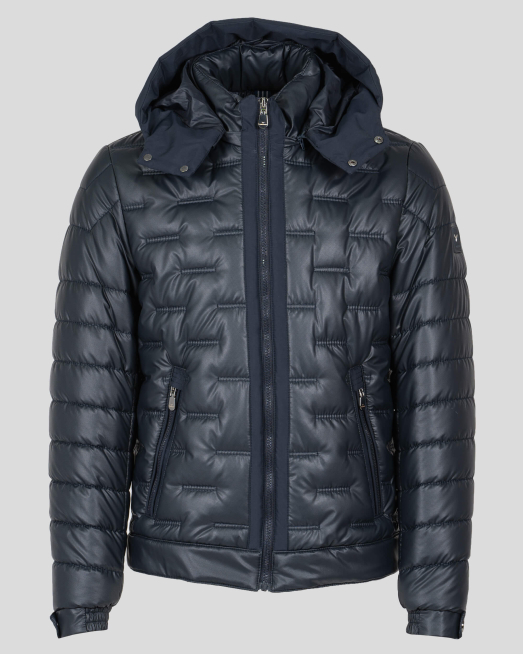 'ТЪМНО СИНЬО КАПИТОНИРАНО ЯКЕ С ЛОГО И ПОДВИЖНА КАЧУЛКА