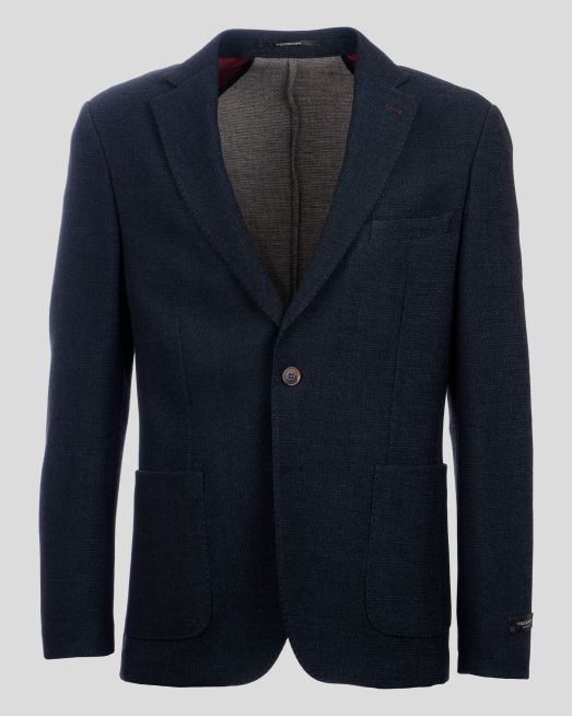 'ТЪМНО СИНЬО ТРИКОТАЖНО САКО ОТ СТРУКТУРЕН ПАМУК С ЕЛАСТАН