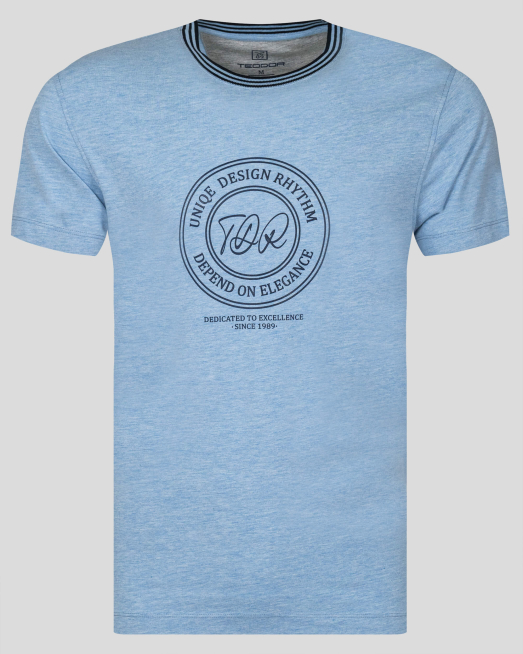 'СВЕТЛО СИНЯ ТЕНИСКА МЕЛАНЖ С ЩАМПА И ДЕСЕНАЦИИ ОТ PREMIUM ПАМУК 