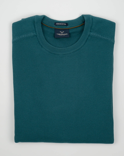 'ЗЕЛЕН ПУЛОВЕР С ОБЛО ДЕКОЛТЕ И СТРУКТУРНА ПЛЕТКА