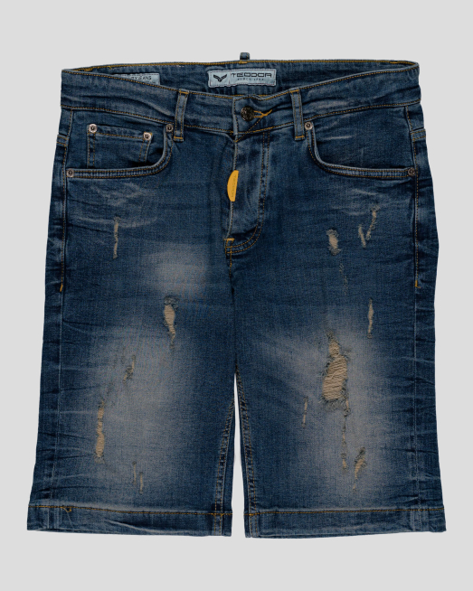 'ДЕНИМ БЕРМУДИ С ЛОГО И НАКЪСАН ЕФЕКТ