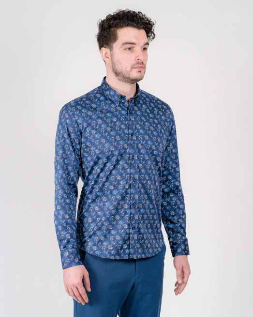 'СИНЯ ПРИНТИРАНА РИЗА ОТ САТЕНИРАН ПАМУК 