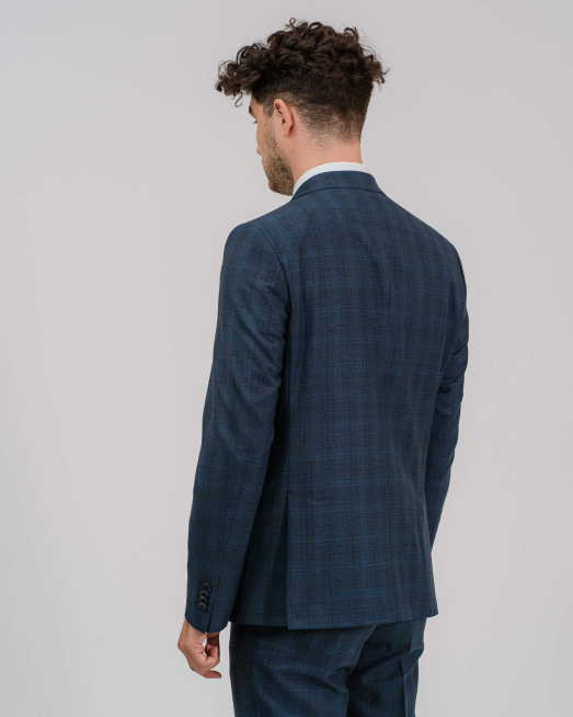 'ЕЛЕГАНТЕН ТЪМНО СИН КАРИРАН КОСТЮМ
