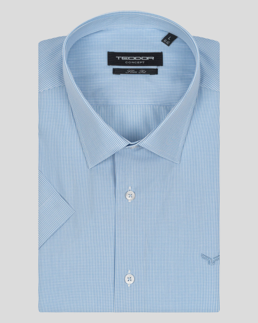 'СВЕТЛО СИНЯ КАРИРАНА РИЗА С КЪС РЪКАВ