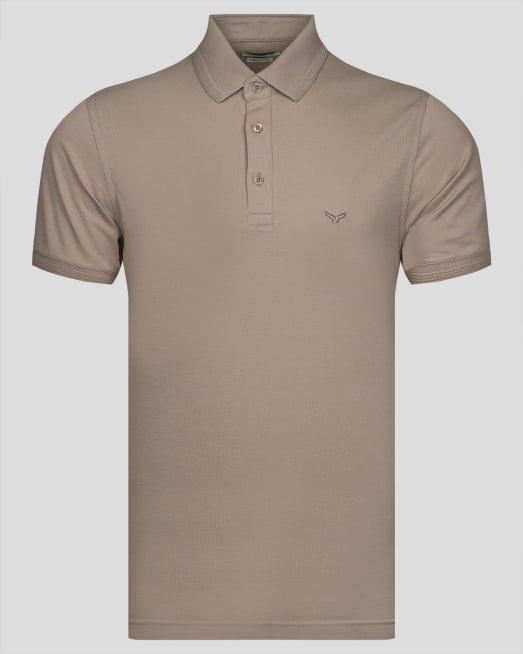 ' ТЪМНО БЕЖОВА ТЕНИСКА С ПОЛО ЯКА  И БРОДЕРИЯ ЛОГО