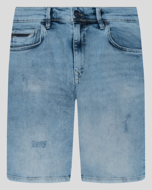 'СВЕТЛО СИНИ ДЪНКОВИ БЕРМУДИ С НАКЪСАН ЕФЕКТ И МЕТАЛНО ЛОГО 