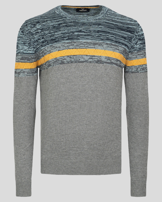 'ПУЛОВЕР В СИВ МЕЛАНЖ С КОНТРАСТНА ЛЕНТА И МЕТАЛНО ЛОГО