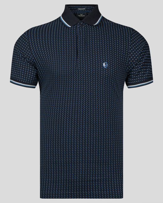 'ТЪМНО СИНЯ ТЕНИСКА ОТ PREMIUM ПАМУК С ДЕСЕНАЦИЯ НА ЯКА И РЪКАВИ 