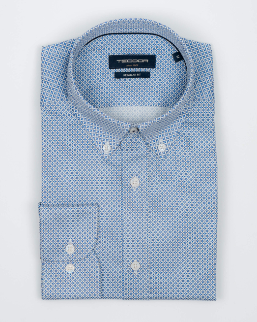 'БЯЛА ПАМУЧНА РИЗА С ПРИНТ ДЕСЕН НА СИНИ ЦВЕТЯ