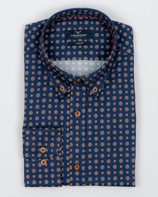 'ВТАЛЕНА ТЪМНО СИНЯ РИЗА С ДЕСЕН НА ЦВЕТЯ