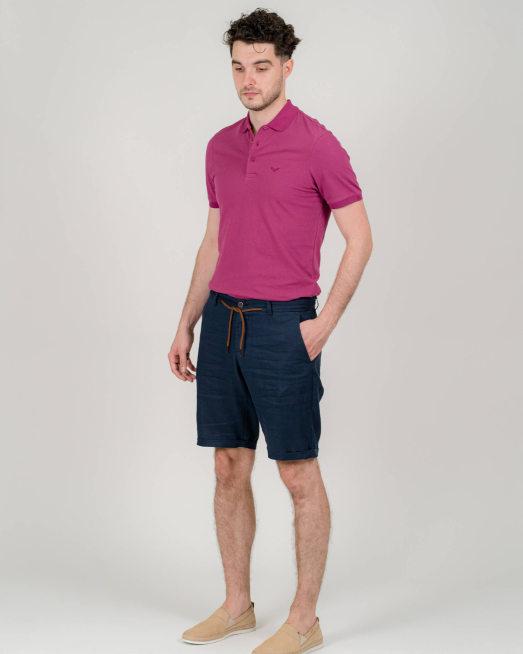 'ТЪМНО СИНИ ЛЕНЕНИ БЕРМУДИ С КОНТРАСТНИ ВРЪЗКИ 