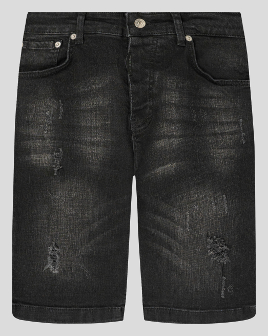 'ЧЕРНИ ДЪНКОВИ БЕРМУДИ С НАКЪСАН ЕФЕКТ  И ЛОГО