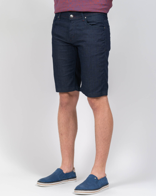 'ТЪМНО СИНИ ДЪНКОВИ БЕРМУДИ С ЕЛАСТАН С КОНТРАСТНА БРОДЕРИЯ И ШЕВОВЕ