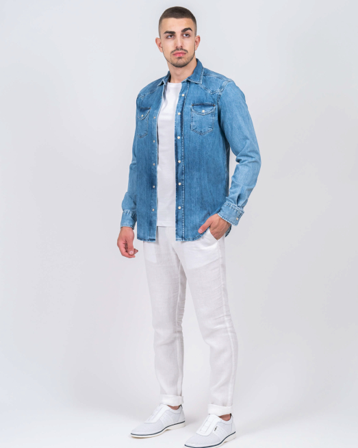 'СВЕТЛО СИНЯ ДЪНКОВА РИЗА С ДЖОБОВЕ И СЕДЕФЕНИ КОПЧЕТА