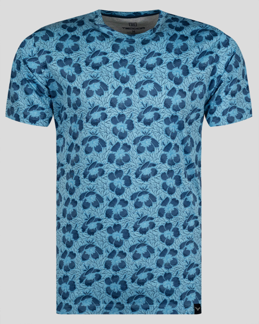 'СВЕТЛОСИНЯ ФЛОРАЛНА ТЕНИСКА С ТЪМНО СИН ПРИНТ ОТ МЕРСЕРИЗИРАН ПАМУК