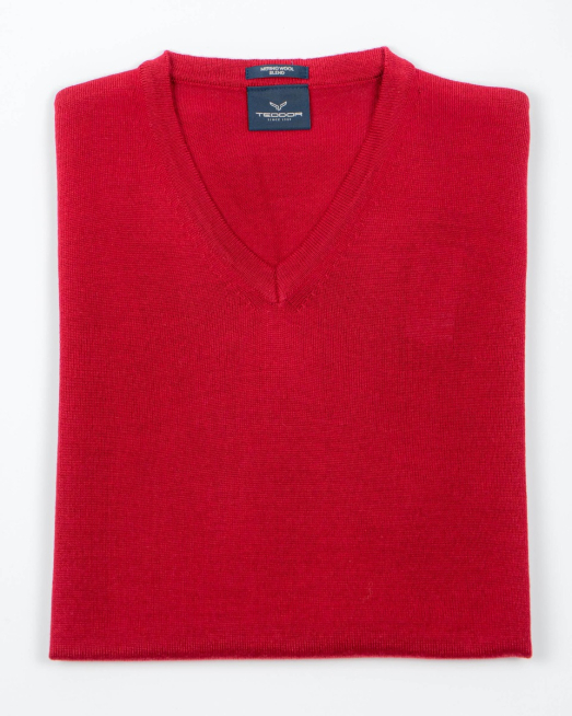 'ЧЕРВЕН ПУЛОВЕР ШПИЦ ДЕКОЛТЕ ОТ ФИНА ВЪЛНА МЕРИНО