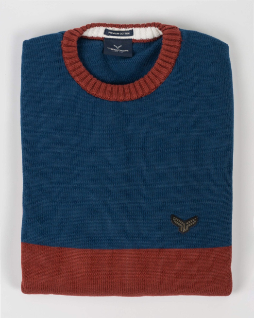 'ДВУЦВЕТЕН ПУЛОВЕР ОТ ПАМУК С ДЕСЕНИРАЩА ЛЕНТА НА РЪКАВ