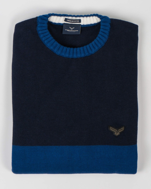 'ДВУЦВЕТЕН ПАМУЧЕН ПУЛОВЕР СДЕКОРАТИВНА ЛЕНТА НА РЪКАВ