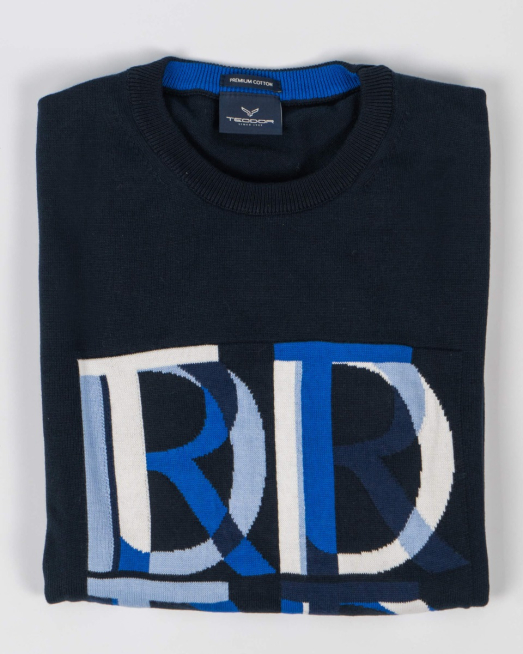 'ТЪМНО СИН ПАМУЧЕН ПУЛОВЕР С МНОГОЦВЕТНА ПЛЕТКА НАДПИС