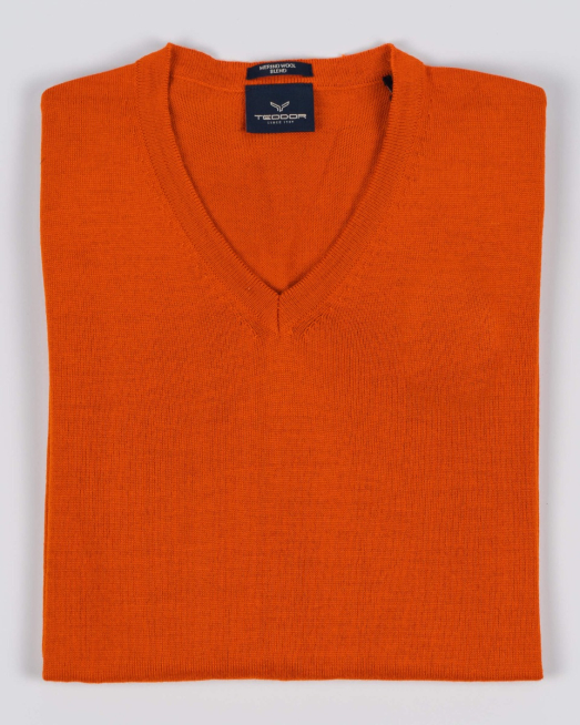 'ОРАНЖЕВ ПУЛОВЕР ШПИЦ ДЕКОЛТЕ ОТ ФИНА ВЪЛНА МЕРИНО