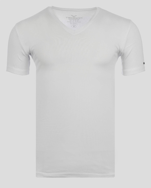 'БЯЛА ТЕНИСКА ОТ ПАМУК С ЕЛАСТАН С V-ОБРАЗНО ДЕКОЛТЕ