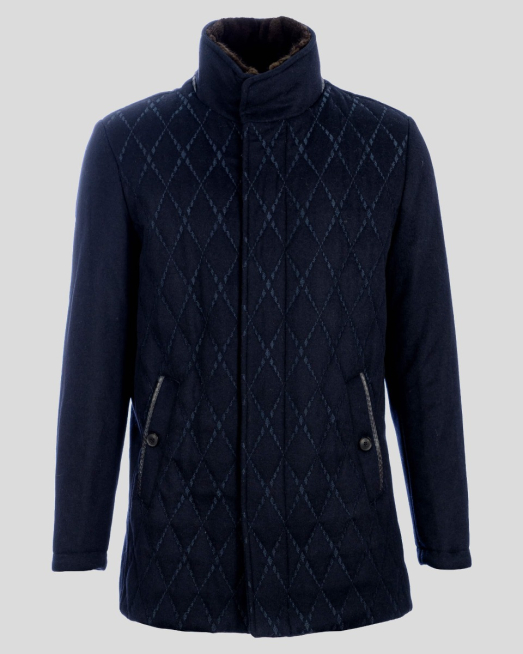 'ТЪМНО СИНЬО КАПИТОНИРАНО ПАЛТО С БРОДЕРИИ И ЗАЕШКА ЯКА