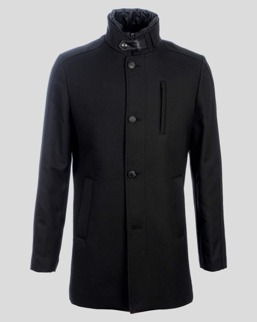 'ЧЕРНО ВЪЛНЕНО ПАЛТО С ПОДВИЖЕН ЕЛЕК И КОЖЕНИ ЕЛЕМЕНТИ