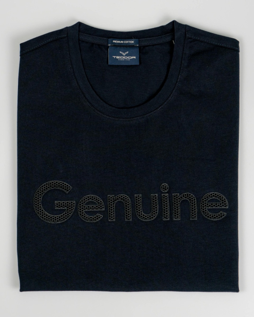 'ТЪМНО СИНЯ ТРИКОТАЖНА БЛУЗА С РЕЛЕФЕН НАДПИС GENUINE