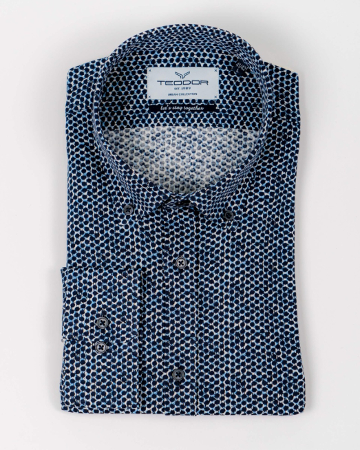 'СИНЯ ПРИНТИРАНА РИЗА ОТ ПАМУЧНО ТРИКО ВТАЛЕН СИЛУЕТ