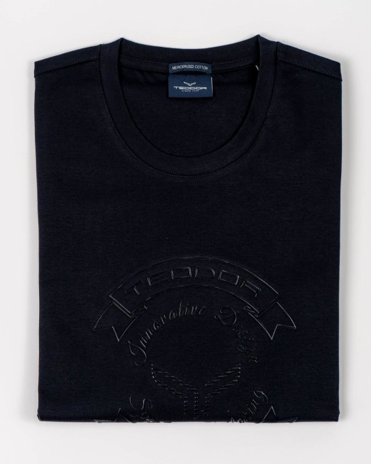 'ТЪМНО СИНЯ БЛУЗА ОТ МЕРСЕРИЗИРАН ПАМУК С РЕЛЕФЕН ПРИНТ ГЕРБ